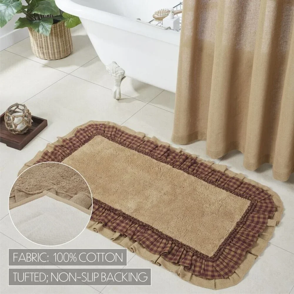 Country Primitive Burlap Natural Burgundy Check Ruffled Bathmat 27x48 Bath Decor